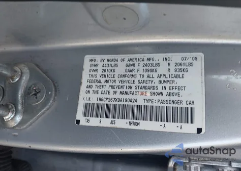 2009 Honda Accord 2.4 Ex from USA, damaged, VIN 1HGCP267X9A190424